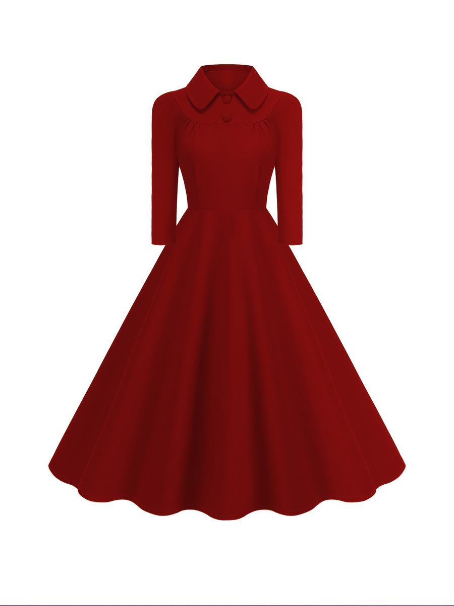 Collared Button Waist-Cinching Slim Fit Vintage Style 50S Elegant Long Sleeve Dress - Deep Red