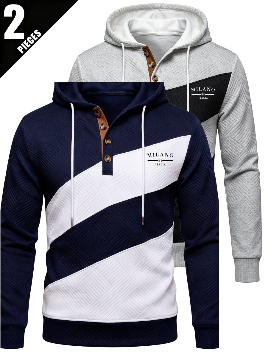 2pcs Men'S Patchwork Fashion Hoodie Set, Textured Color-Block Zipper Print Long Sleeve Hoodie, Regular Fit Street Casual Daily Outing - Grey+Navy Blue