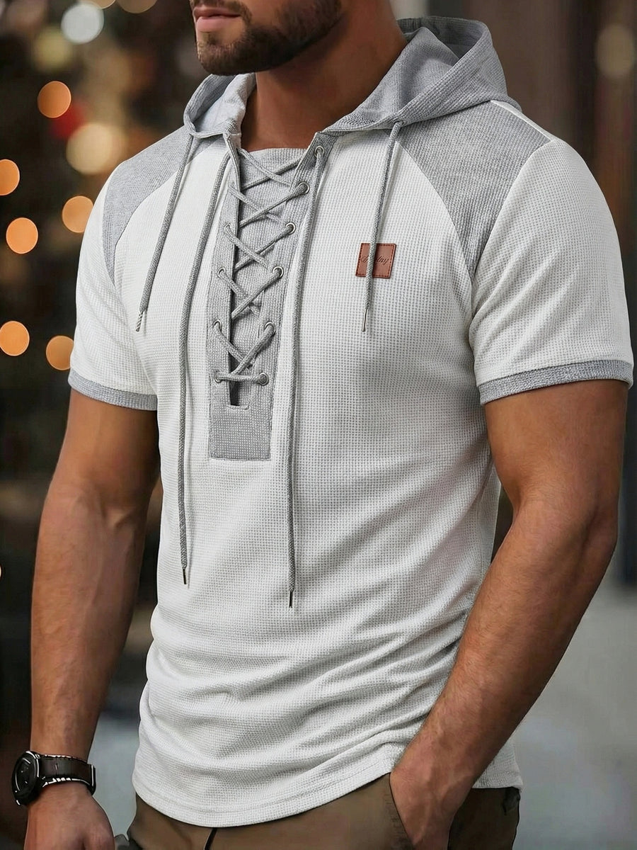 ROYALBOY Spring New Arrival: Hooded Short Sleeve with Dual-Color Waffle Knit Patchwork and Eyelet Drawstring Design. Versatile for Daily Wear, Fashionable Casual Style, Suitable for Gatherings and Parties. Machine Washable, Not Dry Cleanable - White
