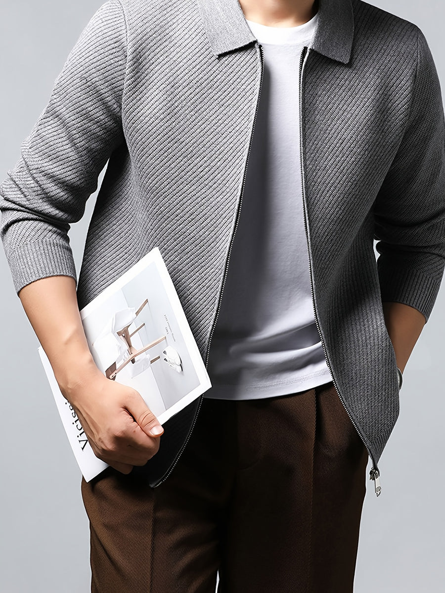 Men's Lapel Zipper Twill Knit Cardigan, Featuring a Classic Small Lapel Structure That Distinguishes It from Ordinary Crewneck Sweaters, Exuding a Sharp and Capable Business Aesthetic - SINBOS - Grey