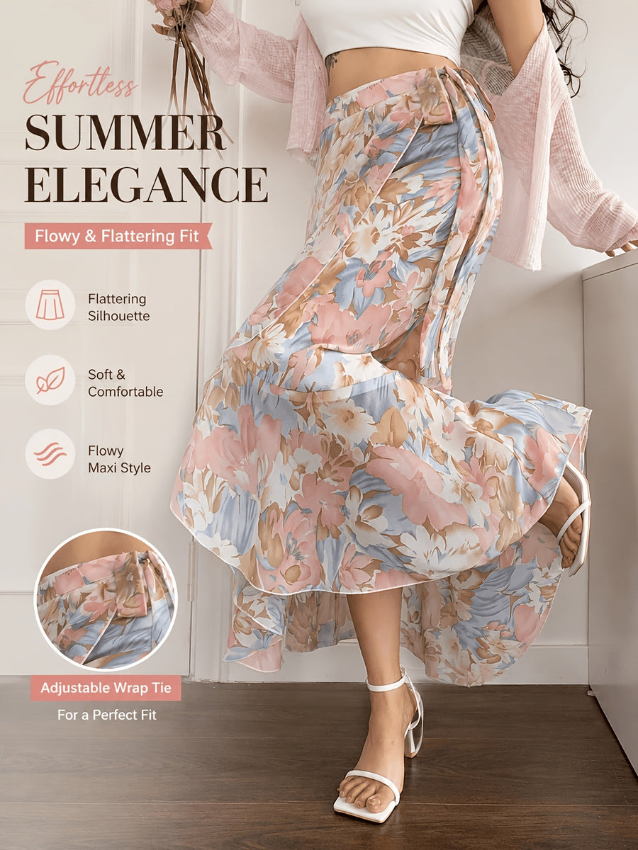 Women'S Elegant Snowflake Print Chiffon Ruffle Hem A-Line Dress, Summer, Back to Season Outfit - Multicolor