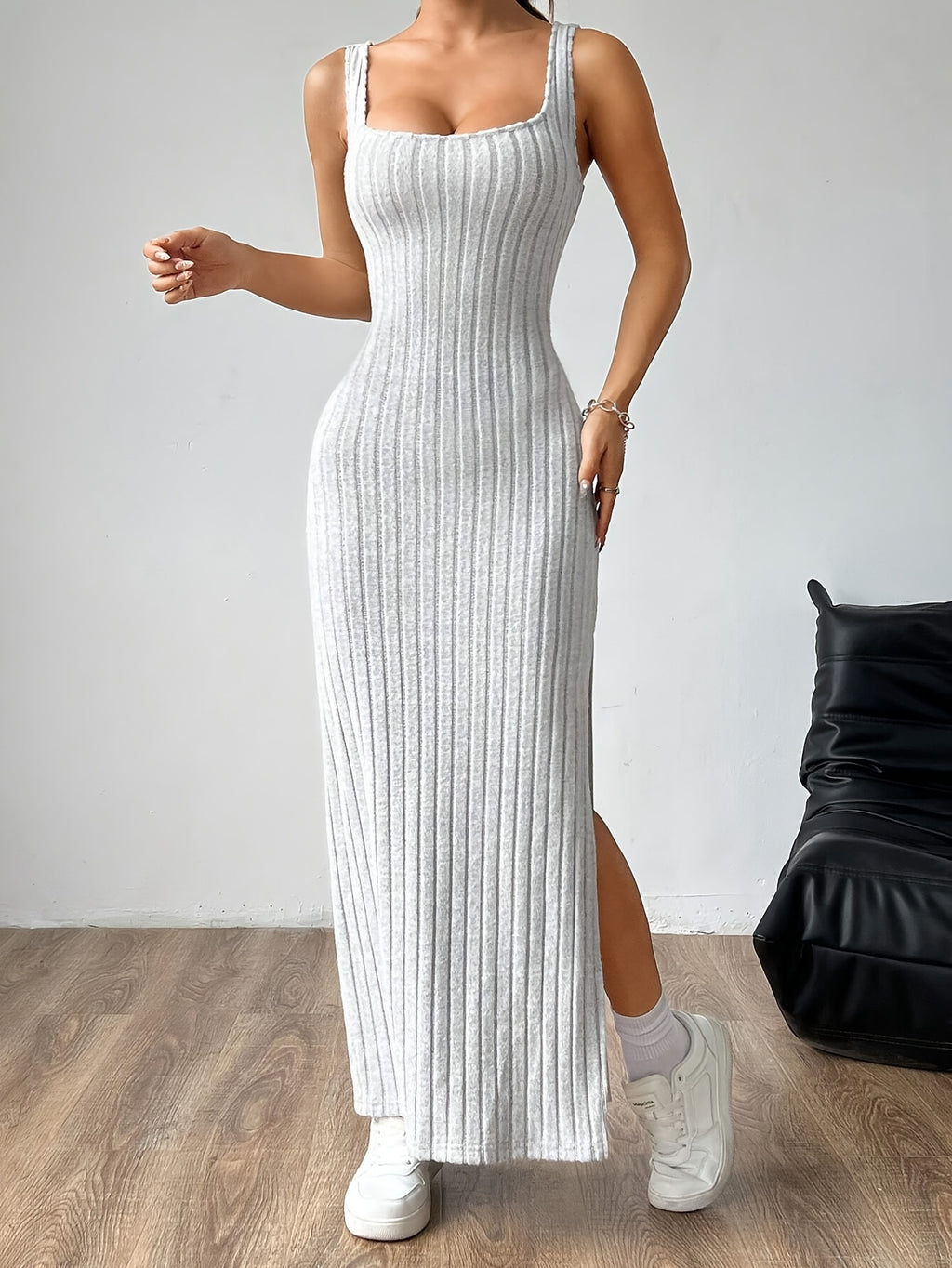 Women'S Fashion Backless Slit Dress - Grey