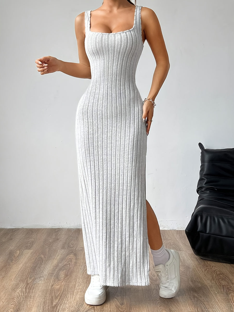 Women'S Fashion Backless Slit Dress - Grey