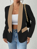 Women's Color-Block Shawl Collar Faux Pocket Long Sleeve Cardigan, Fashionable, Elegant, Casual, and Business-Style Blazer - Black