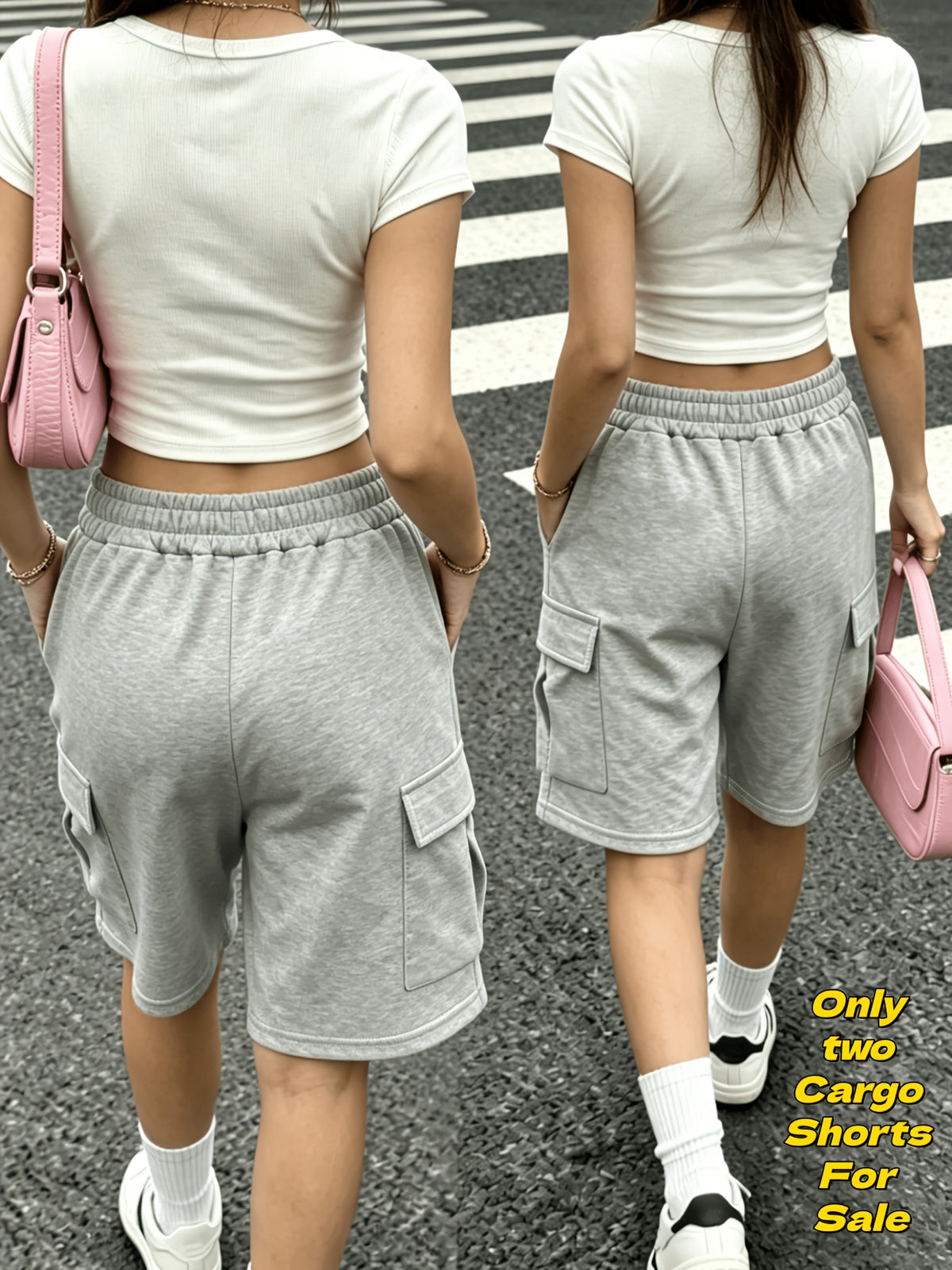 Japanese Style Printed Cargo Shorts 2Pcss Set, Loose Wide-Leg Bermuda Shorts with Leg-Smoothing Cut, Elastic Drawstring High-Waist Comfortable Fit, Soft Breathable Fabric Suitable for Street Outings, Campus Commute, And Home Walks - Gray + Gray
