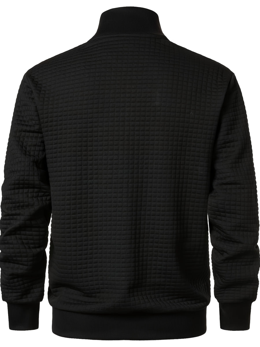 Pearson OBM Men's Casual Jacket, Checkered Embossed Stand Collar Zipper Baseball Jacket, Waffle Texture with Side Seam Slit Pockets, Solid Color Loose Fit Commuter Casual Pilot Jacket for Spring/Autumn - Black