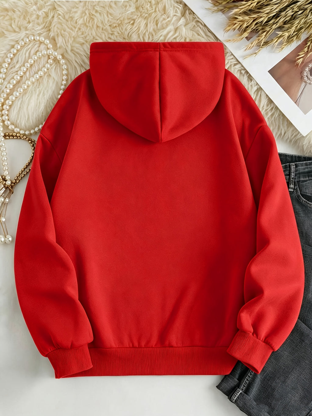 D92-1pc Loose Hooded Sweatshirt, Fashionable Versatile Princess Crown Pattern Printed Hooded Sweatshirt, Spring And Autumn, Women'S Size L15172 - Red