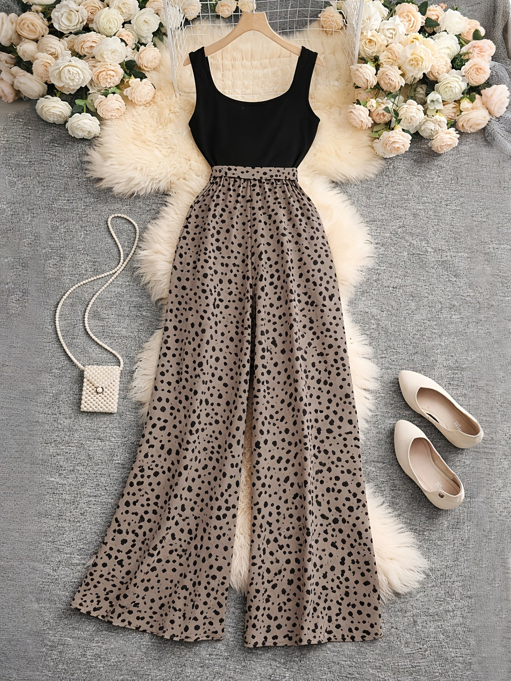 Women's Leopard Print Wide-Leg Jumpsuit, Sleeveless Vest-Style High-Waist Tie-Up Romper, Casual Loose-Fit Jumpsuit, Elegant Spotted Print 2026 Spring/Summer New 1pc Pantsuit - Khaki