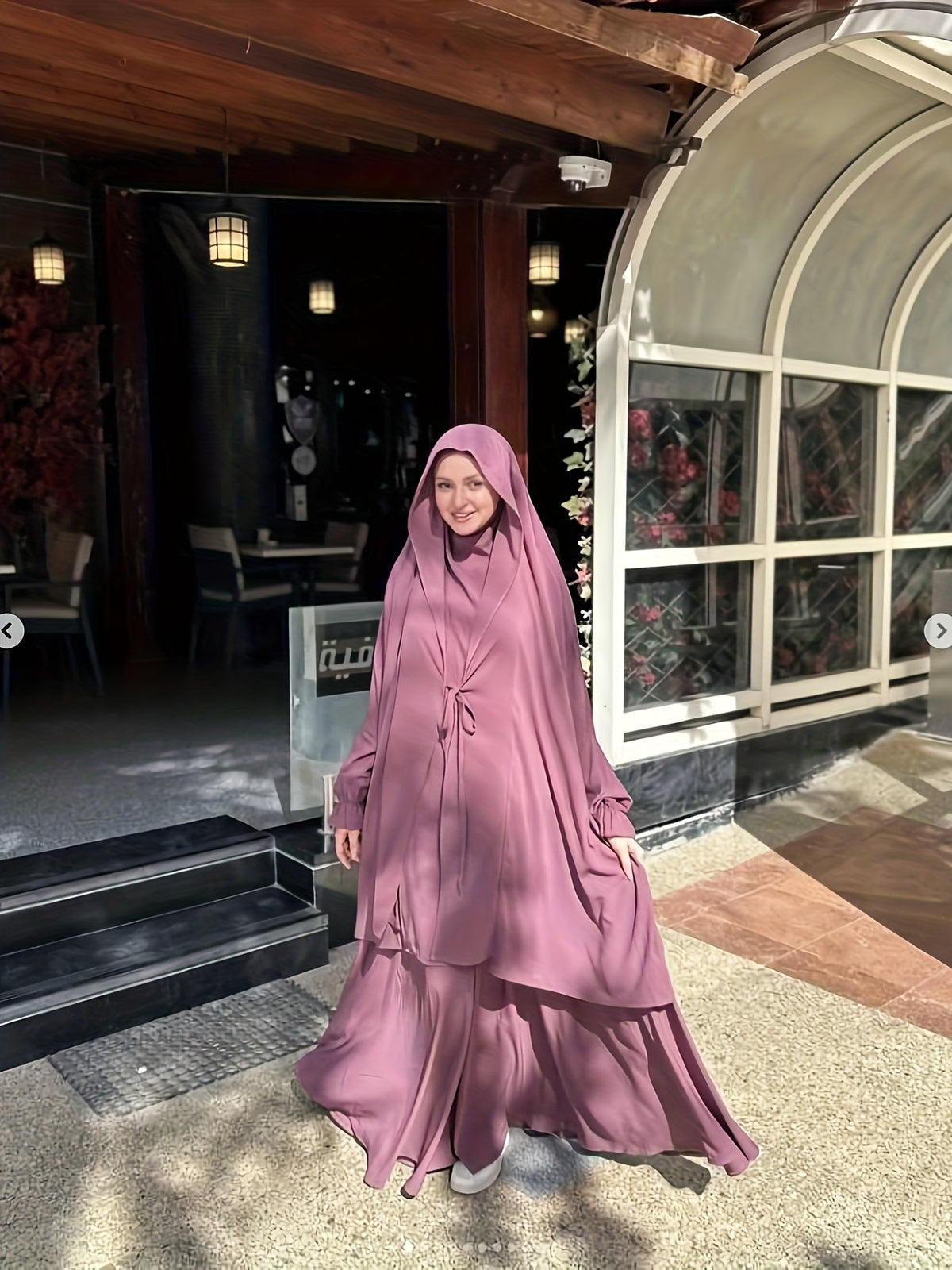 New Cross-Border Middle East Solid Color Women's Lace-Up Abaya 2pcs Set with Large Headscarf, Arabic Style P302 - Purple