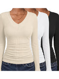 Women'S Fashion Ribbed Sweater 3pcs Set, Slim Fit Basic Style Comfortable V-Neck Long Sleeve Body Suit Top - Beige+White+Black