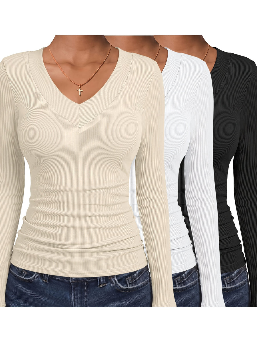 Women'S Fashion Ribbed Sweater 3pcs Set, Slim Fit Basic Style Comfortable V-Neck Long Sleeve Body Suit Top - Beige+White+Black