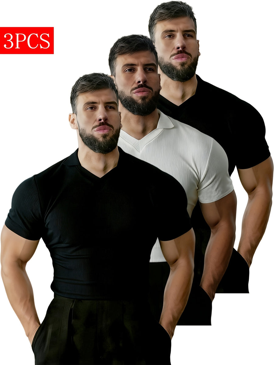 3pcs Men's Buttonless V-Neck Polo Shirt, Ribbed Texture Henley Shirt, High-Stretch Non-Constricting Fitness Muscle Men's Slim-Fit Short-Sleeve T-Shirt - Black+white+black