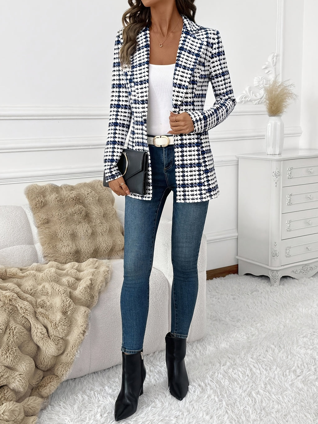 Women's Casual Elegant Button-Up Plaid Commuter Slim-Fit Blazer Jacket, Spring Autumn - Blue And White
