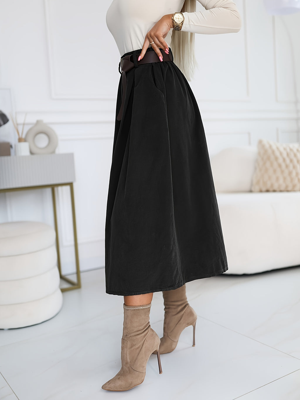 YY0824062 + Lingshan Directional + Women'S Spring And Autumn Elegant Retro A-Line High Waist Oblique Pocket Pleated Skirt, Elastic Waist, Commuting Versatile Mid-Length Umbrella Skirt - Black