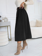 YY0824062 + Lingshan Directional + Women'S Spring And Autumn Elegant Retro A-Line High Waist Oblique Pocket Pleated Skirt, Elastic Waist, Commuting Versatile Mid-Length Umbrella Skirt - Black