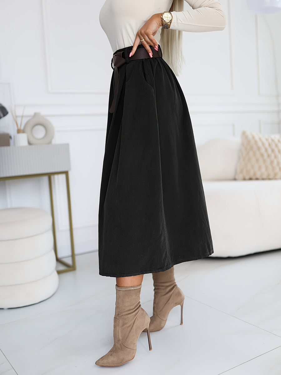 YY0824062 + Lingshan Directional + Women'S Spring And Autumn Elegant Retro A-Line High Waist Oblique Pocket Pleated Skirt, Elastic Waist, Commuting Versatile Mid-Length Umbrella Skirt - Black