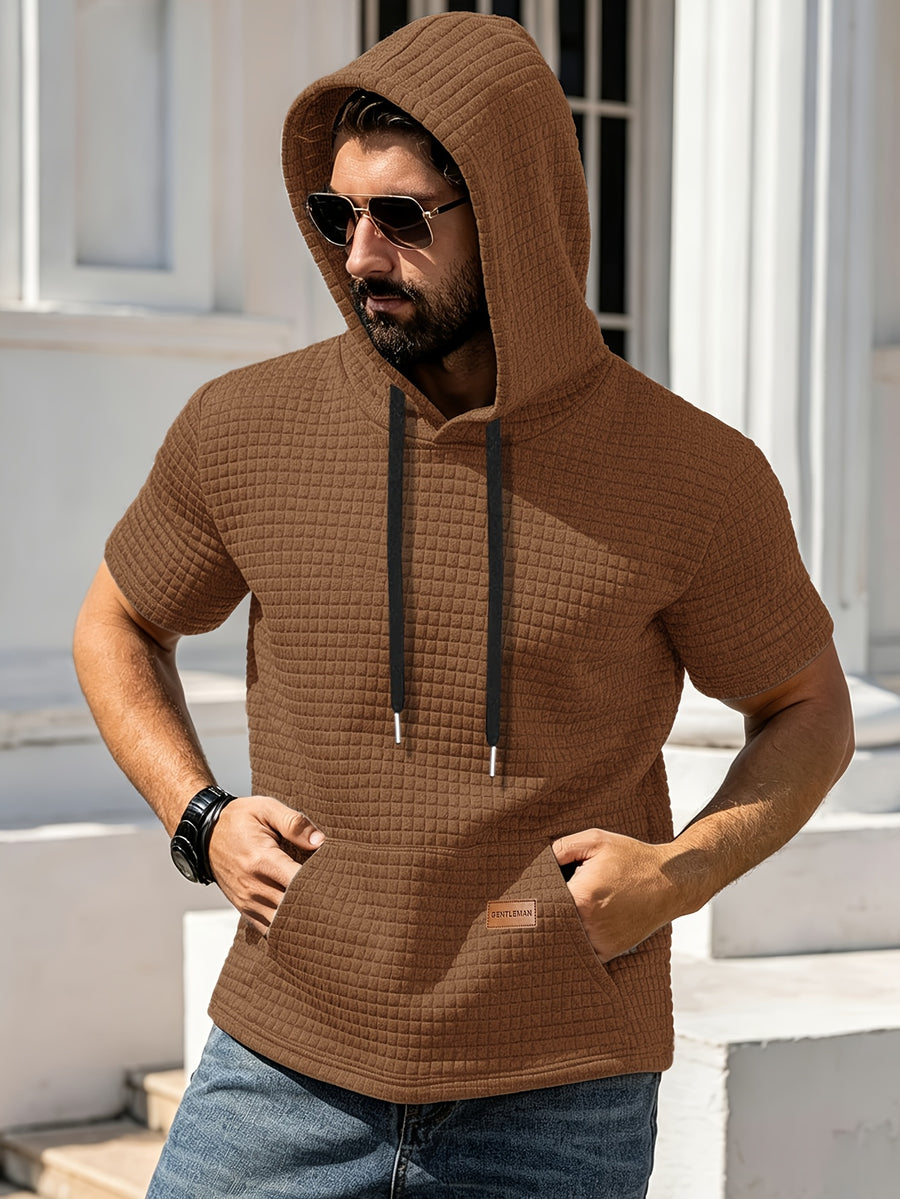 Men's Casual Summer New Arrival Short-Sleeve Versatile Fashionable Sporty Comfortable Trendy Loose Waffle Knit Hooded T-Shirt - Coffee Color
