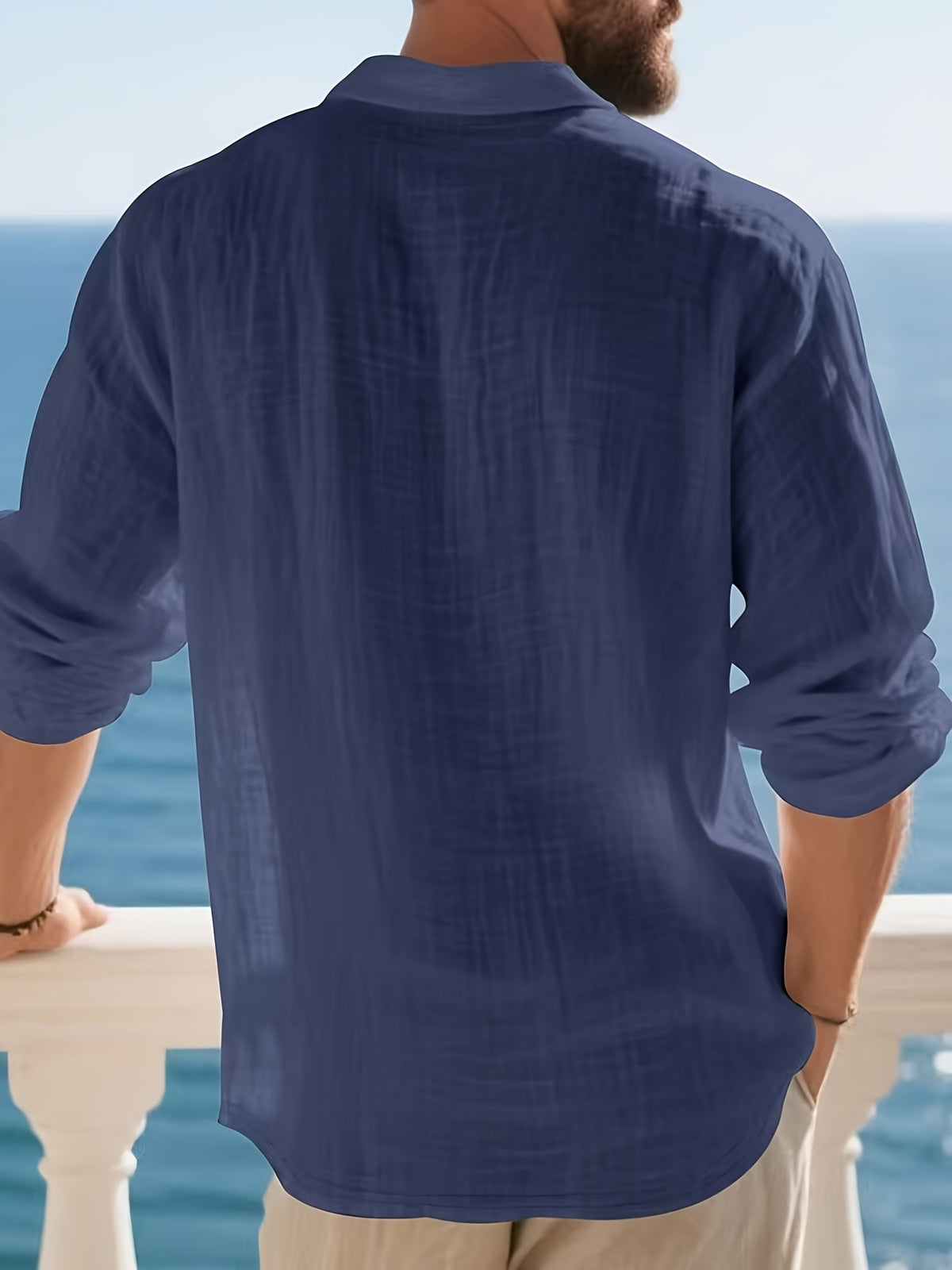 [Pearson OBM] Men'S Casual Fashion Breathable Soft Linen Texture Fabric Anti-Wrinkle Versatile Suitable for Daily Work Commuting Island Vacation Light Business Men'S Shirt - Navy Color