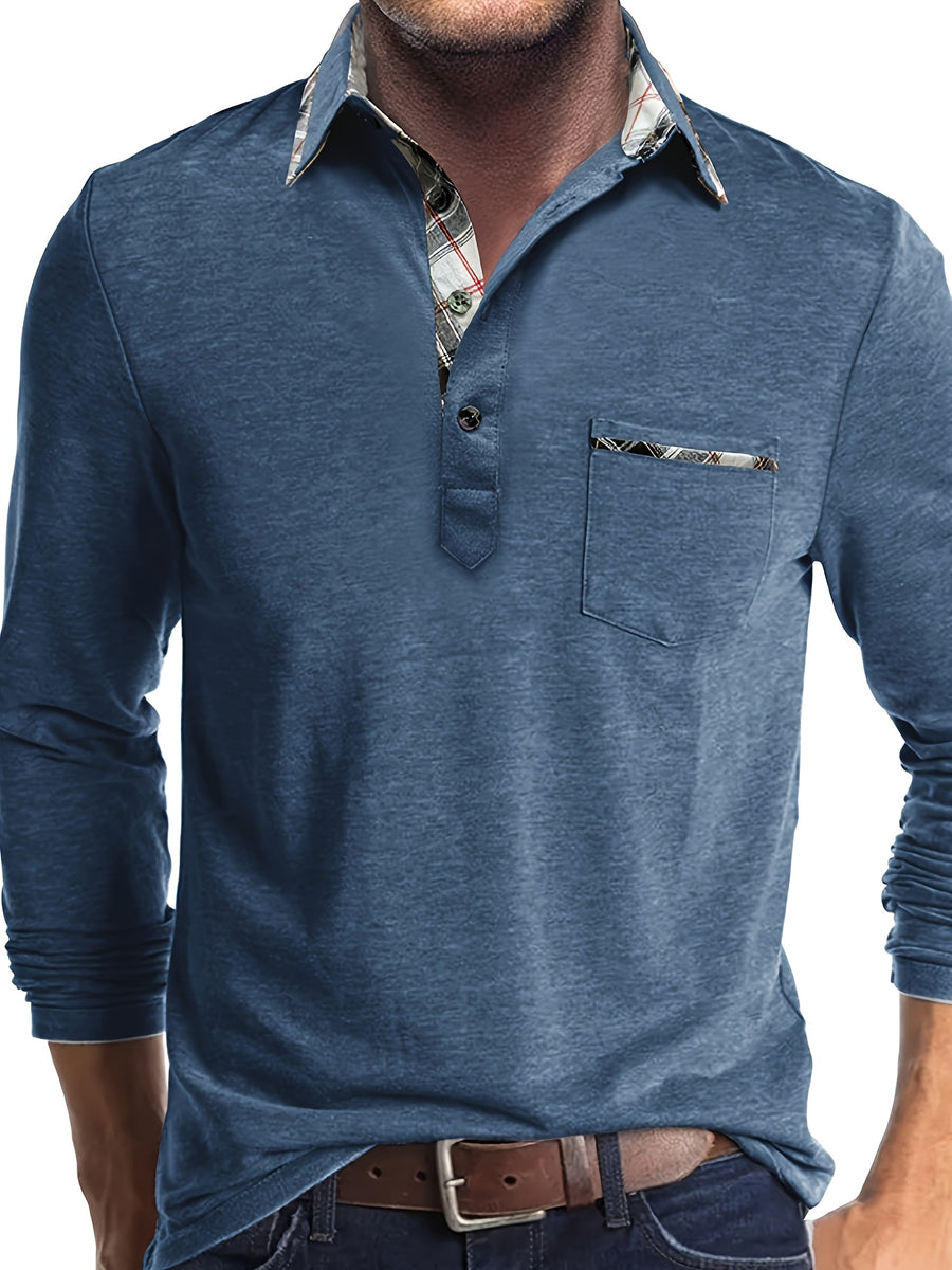 Spring and Autumn Fashion Men's Lapel Pocket Polo Shirt, Solid Color Casual Commuter Pocket Top - Blue