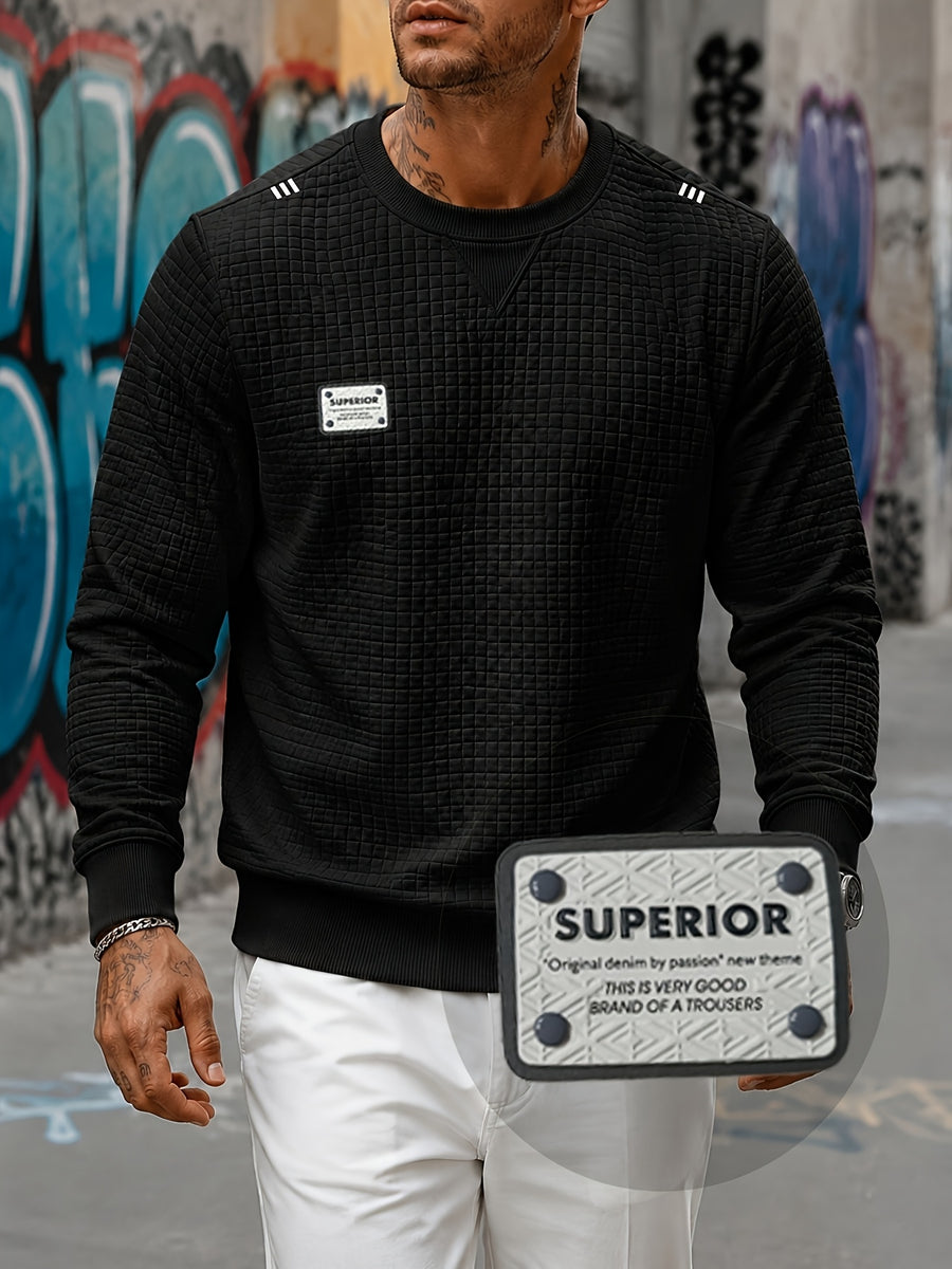 Men'S Textured Waffle Knit Sweatshirt Long Sleeve Crew Neck Pullover Lightweight Breathable Athletic Casual Top Soft Stretch Thermal Shirt Fit Sports Training Running Gym Workout Golf Outdoor Travel Everyday Wear Fashion Streetwear Basic Sweater - Black
