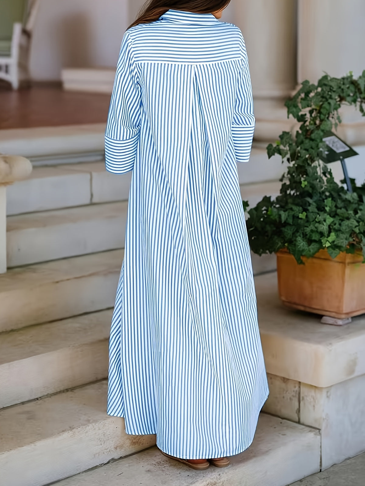 Women's Shirt Long Cape Long Elegant Striped Shirt - Sky Blue