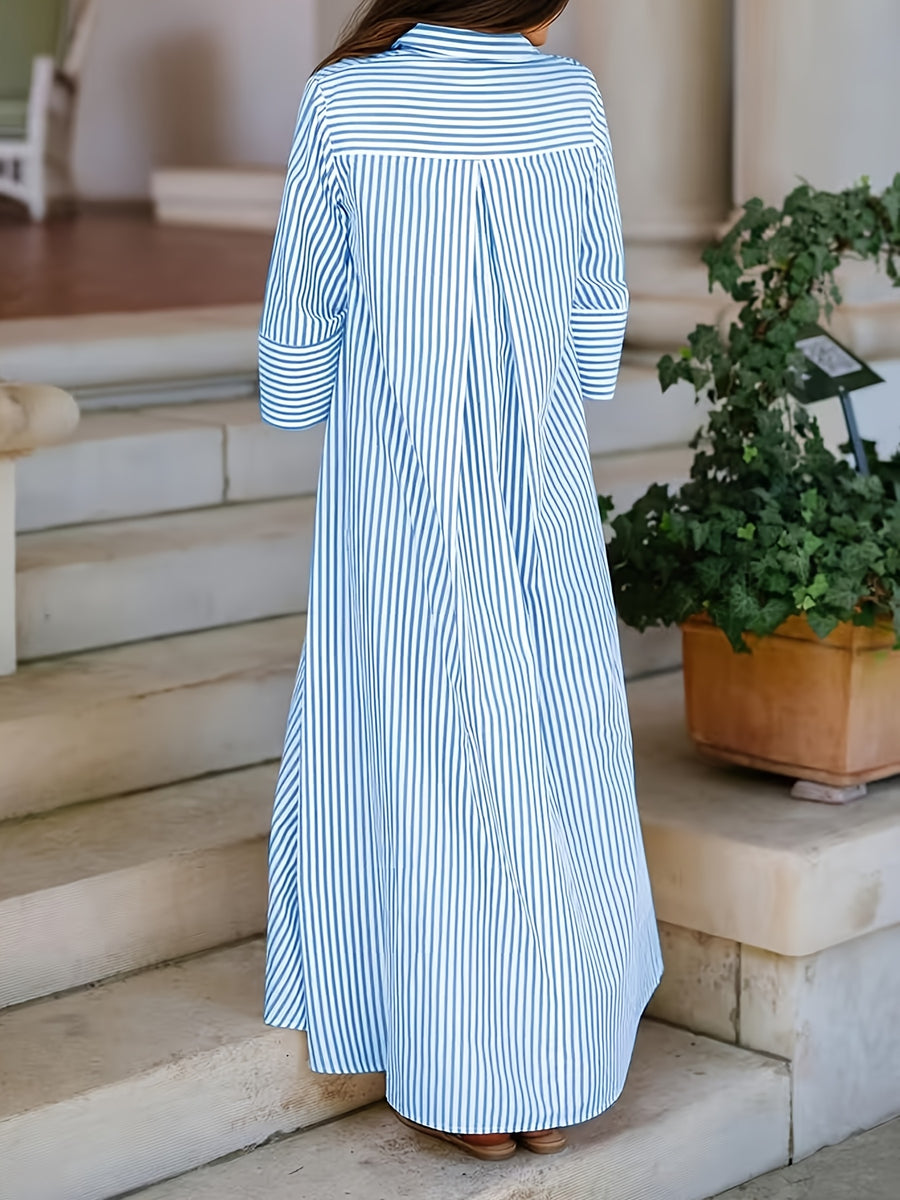 Women's Shirt Long Cape Long Elegant Striped Shirt - Sky Blue