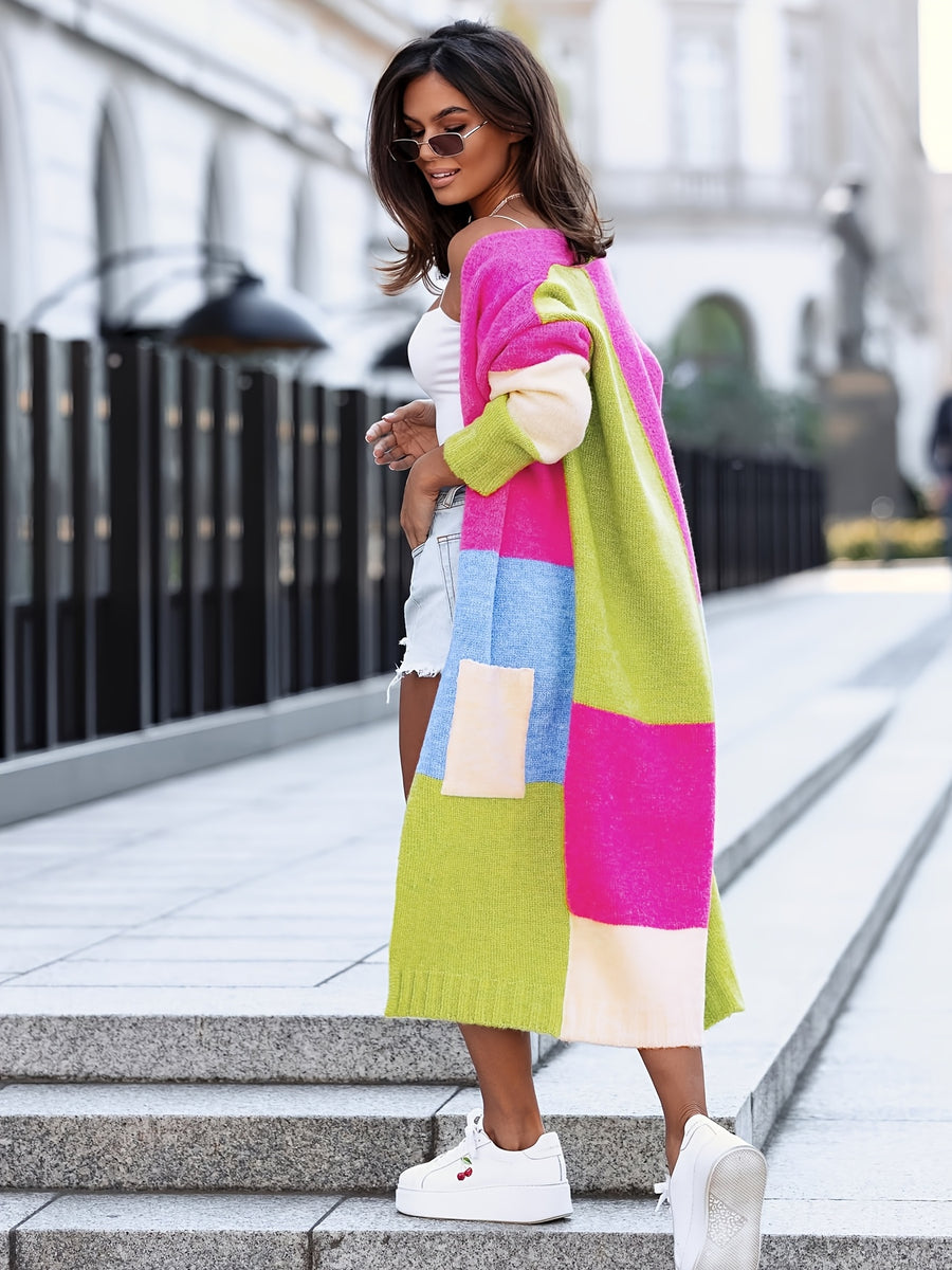 Women's Autumn/Winter Long Sleeve Color Block Patchwork Loose Fit Fashionable Commuter Outfit, Age-Reducing Versatile Cardigan Sweater with Pockets, Long Coat, Niannian - Asparagus Green