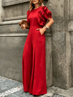 Solid Color Round Neck Short Sleeve Wide-Leg Jumpsuit for Women - Ruffled Petal Design, Elegant Socialite Style for Festive Outings, Dates, And Parties - Red