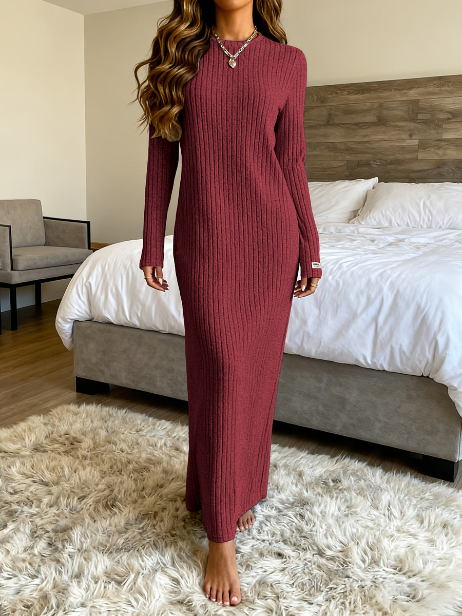 New Women's Round Neck Pullover Long Dress, Suitable for Home Wear, Outerwear, or as a Base Layer, Long Sleeve, Slim Fit, Loose Fit, A-Line, Solid Color, Ribbed, Relaxed Style Long Dress - Burgundy