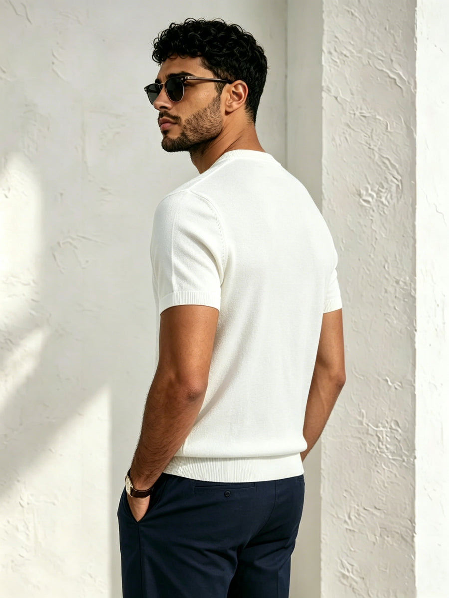 New Men S Solid Diamond-pattern Crew Neck Knit Short Sleeve Top for Casual & Sport Looks, Wearable in Spring, Fall and Winter as Standalone Outfit or Base Layer. Ultra-soft High-grade Fabric, Safe to Wear Next to Skin. - White