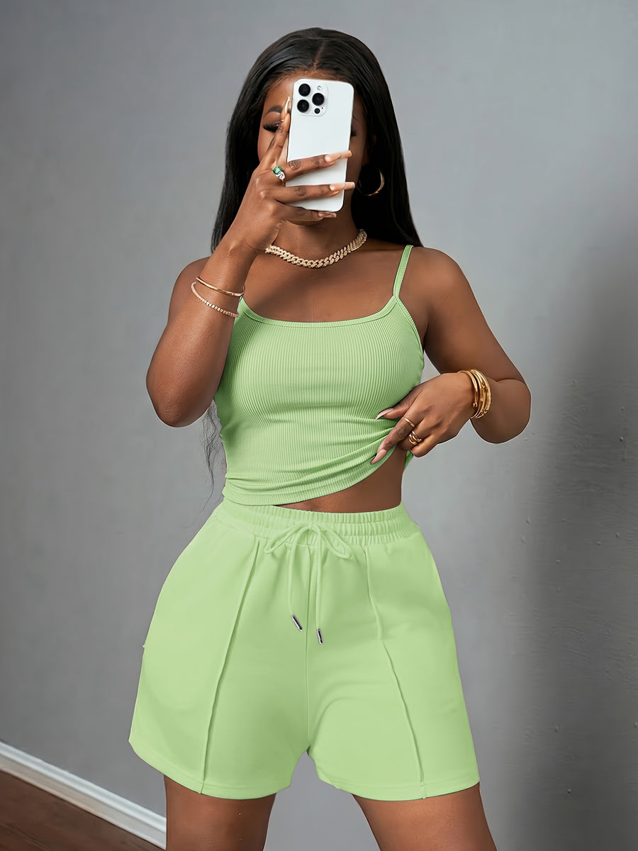 Women'S New Casual Camisole Knit Elastic Vest And Striped Textured Shorts 2pcs Set - Grass Green