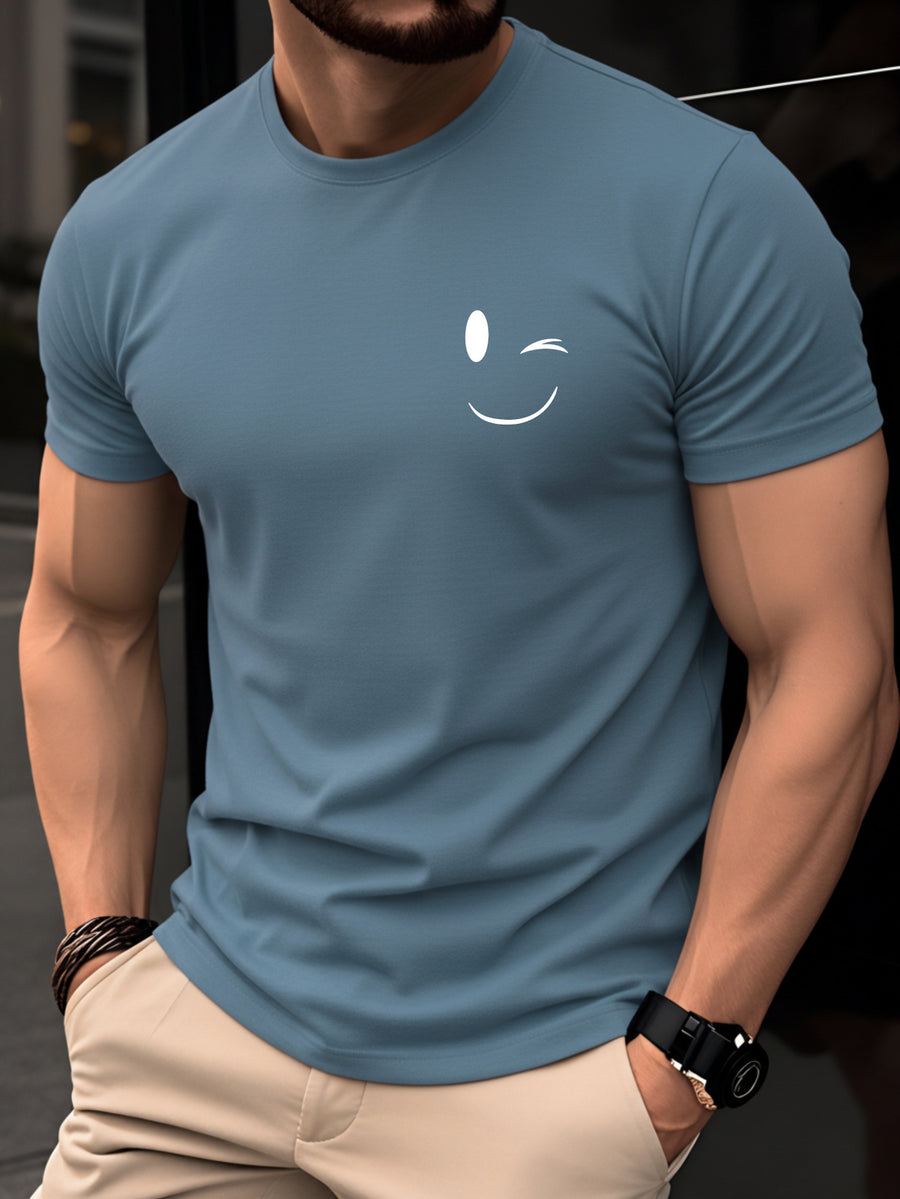 100% Cotton Men's T-Shirt, Summer Short Sleeve Thin Top, Trendy Fashion Slim Fit Youth Daily Casual Versatile 2026 New Year Holiday Outfit, Simple Line Joyful Face Pattern with Playful Winking Expression Design for Added Fun - Blue