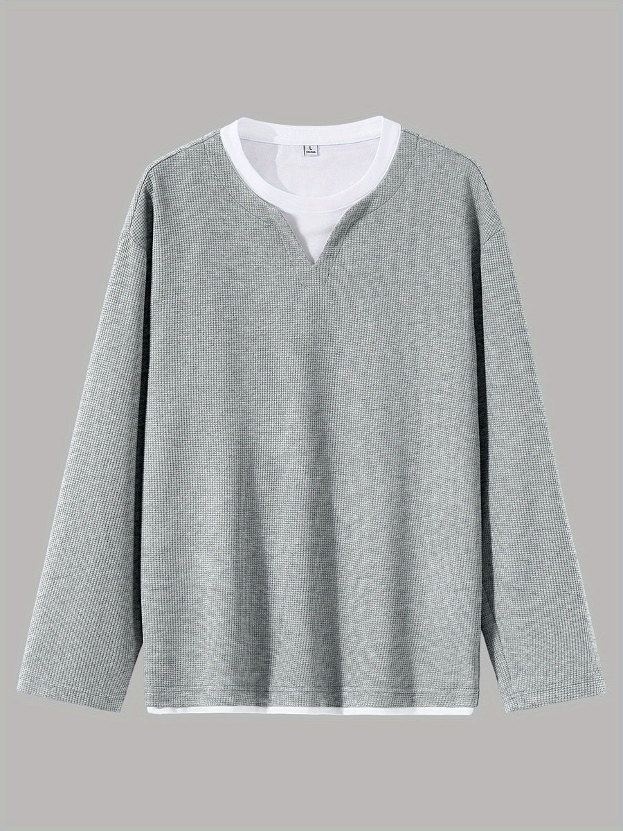 Men'S Spring And Autumn Fashion Waffle Long Sleeve T-Shirt - Grey