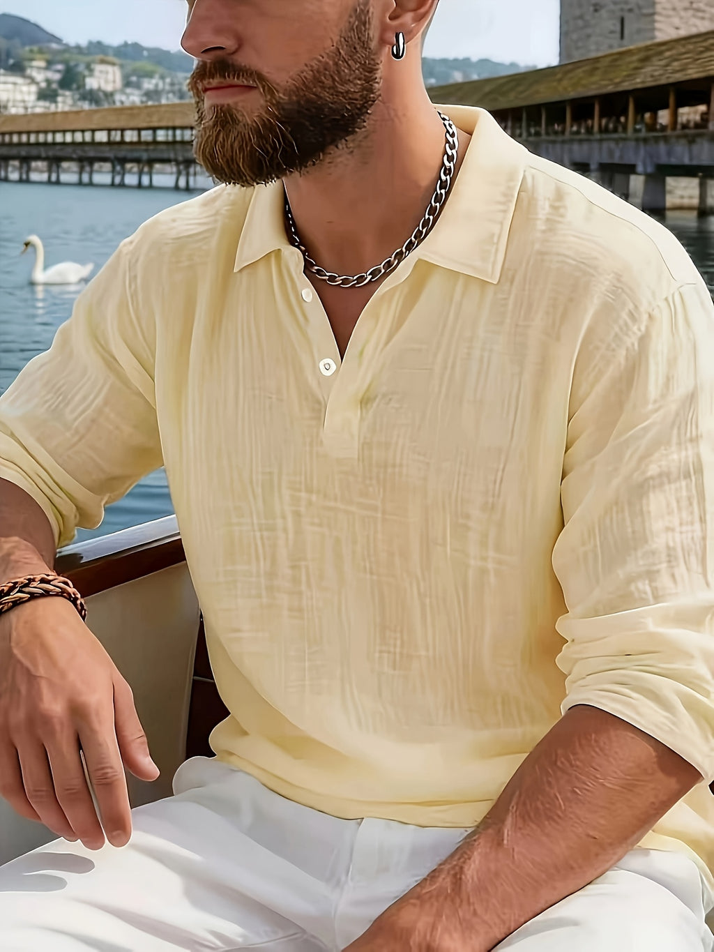 Men'S Solid Color Henley Shirt - Long Sleeve, Breathable Classic, Fashionable And Comfortable, Suitable for Various Occasions - Apricot