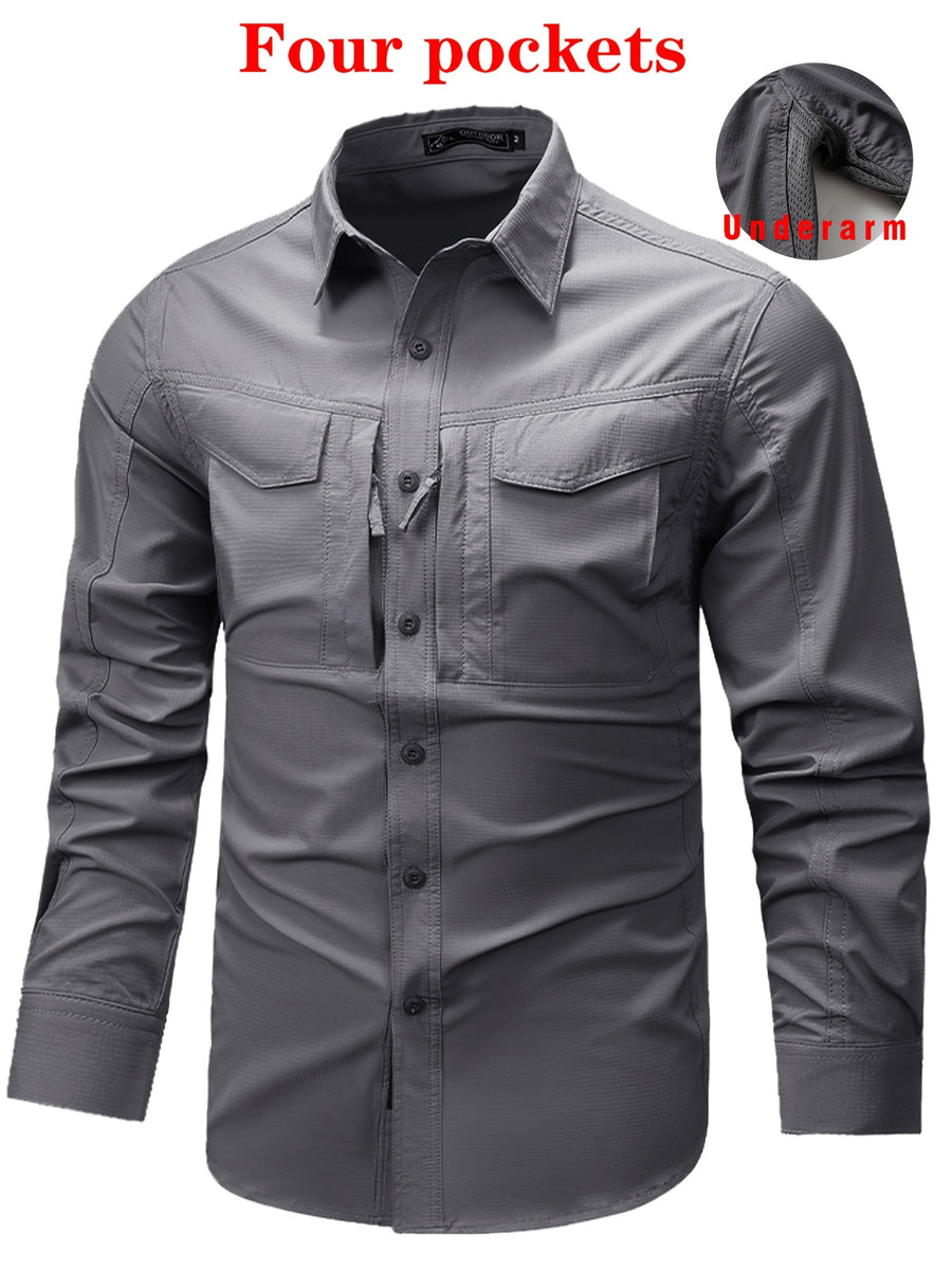 Outdoor Multi-pocket Functional Combat Quick-drying Shirt Casual Quick-drying Sports Shirt Thin Style with Four Chest Pockets and Armpit Ventilation Holes, Hunting - Dark Gray