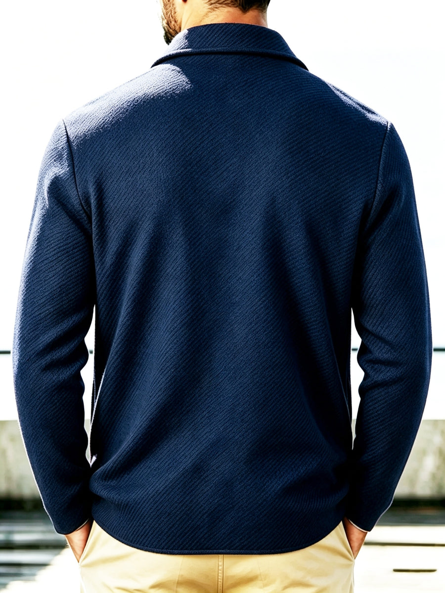 Men's New Spring, Autumn, and Winter Collection: Twill Textured Fabric Single-Breasted Notched Lapel Cardigan with Double Pockets, a Versatile Long-Sleeve Business Casual Outerwear. Soft, Comfortable, and Stylish Knitted Solid-Color Jacket - Navy Color