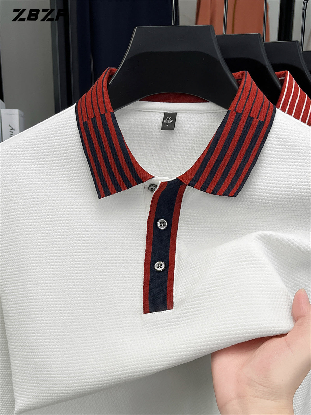 ZBZP New Spring, Autumn, Winter Men's Long Sleeve Polo Shirt, Lapel Pullover, Simple Business Casual High-End Breathable Long Sleeve T-Shirt, Men's Apparel DR - White