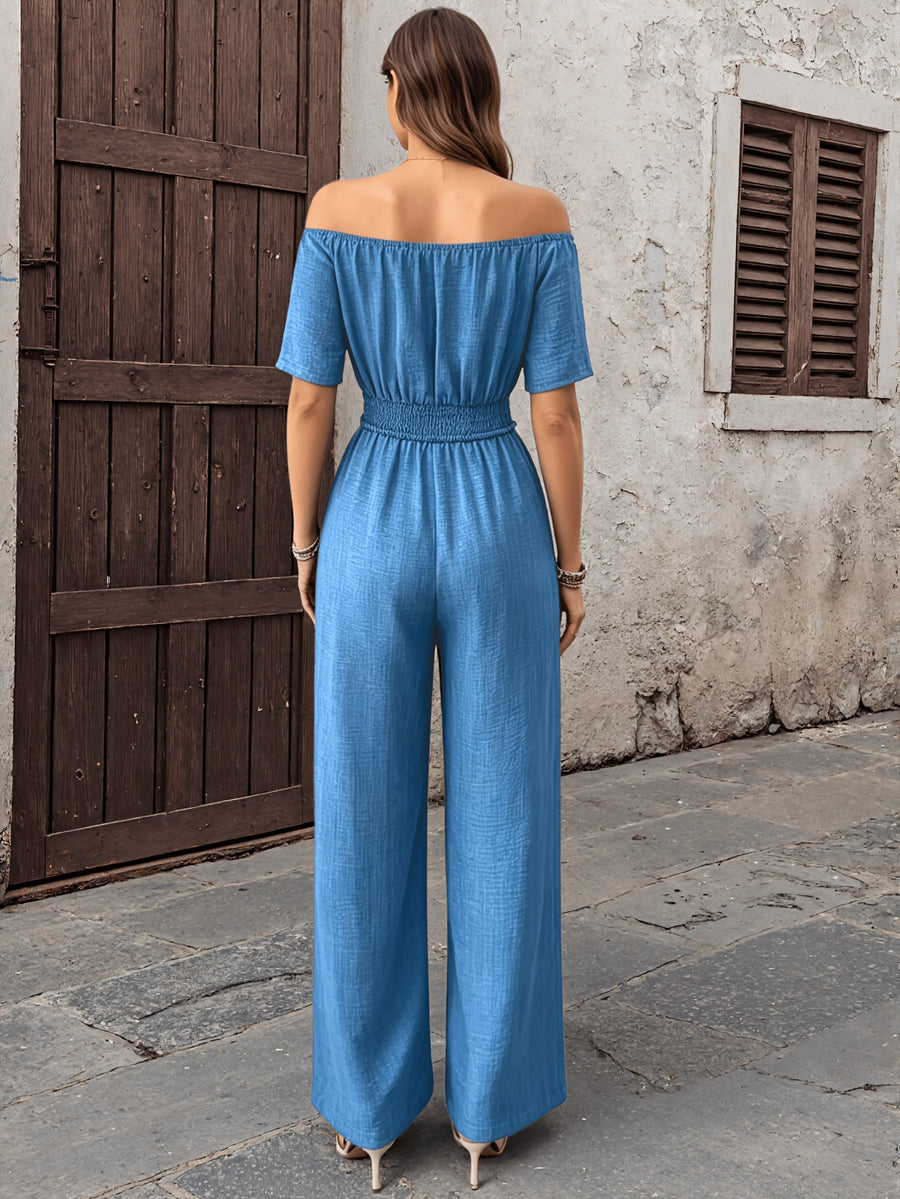 Women'S Fashionable Elegant Casual Solid Color One-Shoulder Spliced Jumpsuit - Blue