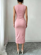 Solid Color Sleeveless Wrap V-Neck Midi Dress, Women'S Ruched Golden Button High Slit Bodycon Dress, Elegant Sheath Dress for Business Office, Party And Daily Formal Occasions - Pink