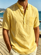 Men'S 3pcs Set of Stand-Collar Henley Short-Sleeve Shirts, Summer Thin Casual Button-Up Shirts, Chest Pocket Loose Breathable Solid-Color Short-Sleeve Tops - Blue+white+yellow
