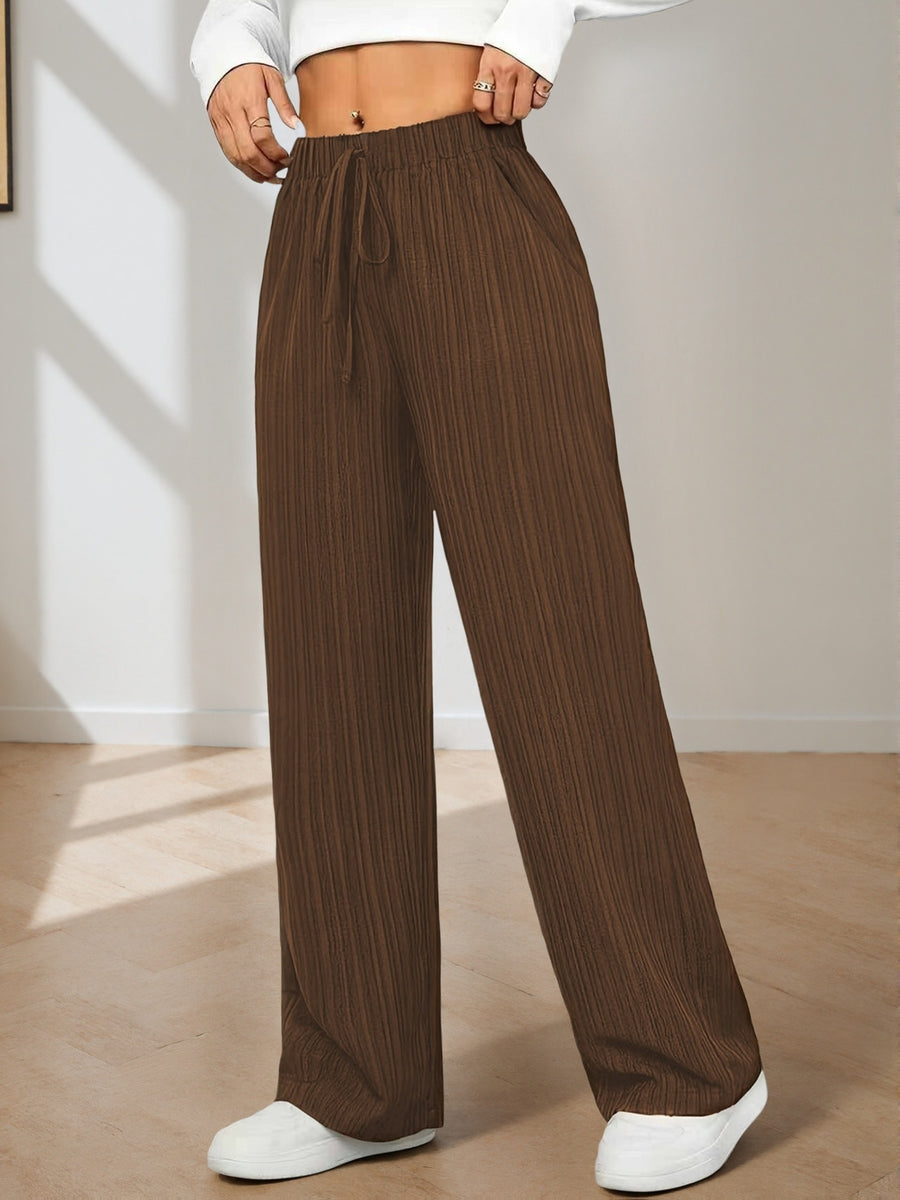 Women's Elegant Straight-leg Trousers with Tree Grain Wrinkle-texture Micro-stretch Fabric, Featuring a Comfortable Elastic Waistband with Drawstring Detail and Side Slant Pockets. Suitable for All Seasons - Dark Brown
