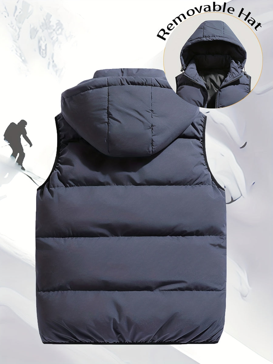 Men'S Autumn Winter Solid Color Vest, Outdoor Casual Fashion Thickened Waistcoat, Quilted Casual Warm Jacket with Removable Hood, Zippered Pockets, Men'S Cold Weather Jacket Top. Suitable for Multi-Scene Wear - Slate Grey