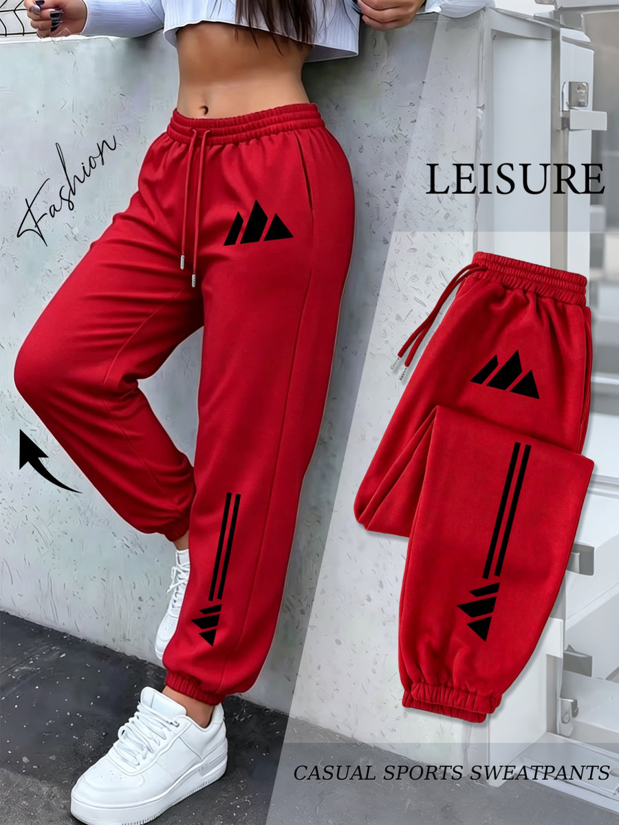 American High Street Style Mountain Triangle Geometric Three-Stripe Print Drawstring Ankle-Cinching Sweatpants for Women, Loose And, Jogging Pants, Soft And Comfortable, Non-Pilling, Versatile Casual Long Pants - Red