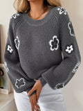 Women'S Fall Winter Long Sleeve Embroidered Design Round Neck Sweater Pullover - Grey