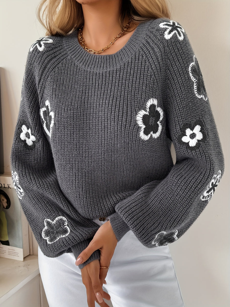 Women'S Fall Winter Long Sleeve Embroidered Design Round Neck Sweater Pullover - Grey