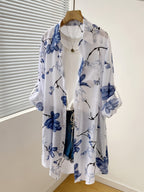 New Arrival, Beautiful Printed Long-Sleeve Shirt, Loose and Casual, Buttoned Cuffed Mid-Length Blouse, Women's Cardigan Shirt, Stylish and Designer-Inspired - Navy Color