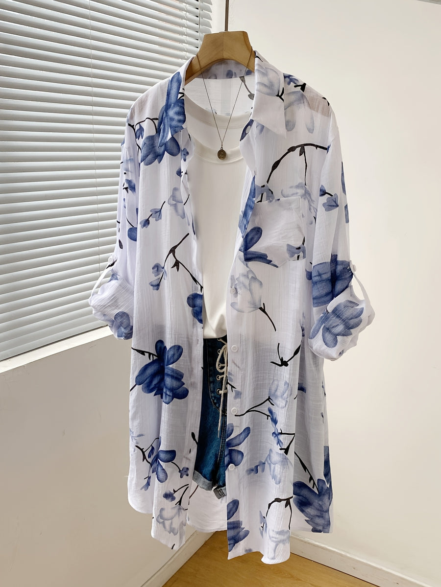 New Arrival, Beautiful Printed Long-Sleeve Shirt, Loose and Casual, Buttoned Cuffed Mid-Length Blouse, Women's Cardigan Shirt, Stylish and Designer-Inspired - Navy Color