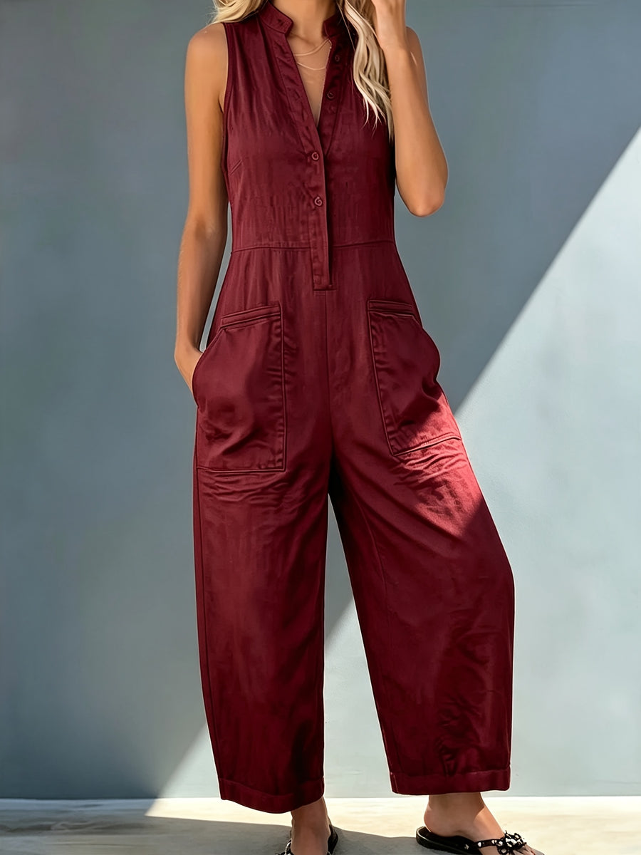 Women'S Elegant Spring Summer Retro Solid Color Jumpsuit, Stand Collar Sleeveless Loose Leg, Suitable for Fashion Workwear, Comfortable Casual Wear - Deep Red