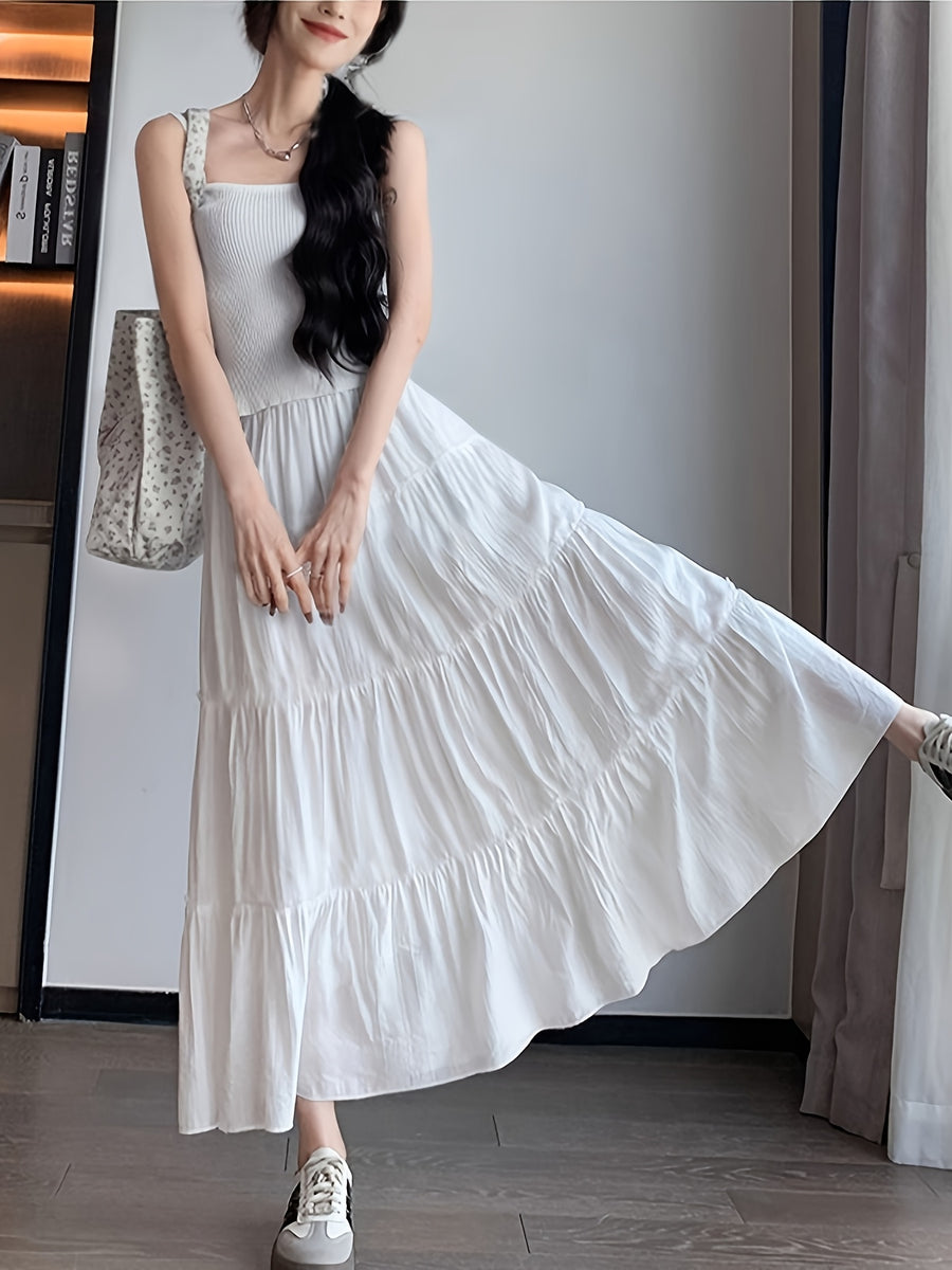 Fashion White French Long Skirt Elastic Adjustable Waistband A-Line Design with Lining Anti-Exposure Half Skirt Women'S - White