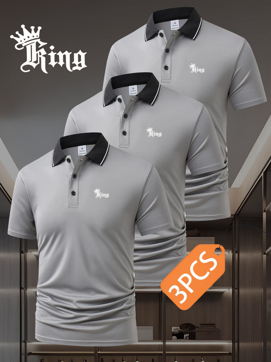 3pcs Set S20.32-2400.3 cmKING" Letter Logo New Men's Fashion Color-Block Quick-Dry Polo Shirt, Regular Fit Button Print, Golf Tennis Training Casual Sports Top - Grey